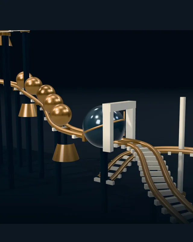 Copper tracks guide spheres through a precision machine