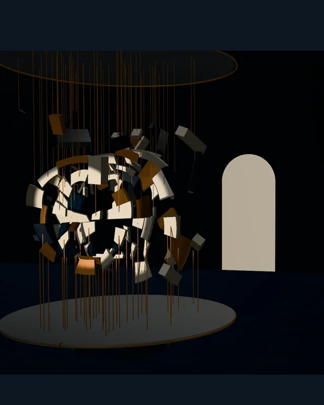 A fragmented sculpture reveals a clear doorway