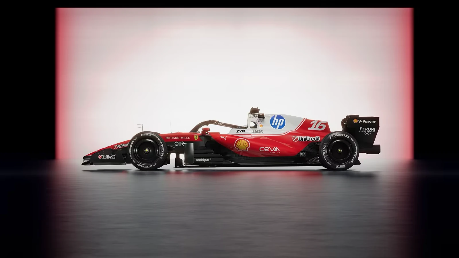 Ferrari reference imagery supplied for the project: the side view establishes the Leclerc 16 configuration.